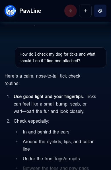 PawLine app chat for a demo pet, a Beagle named Juniper in Vermont, answering a question about checking for ticks in late October