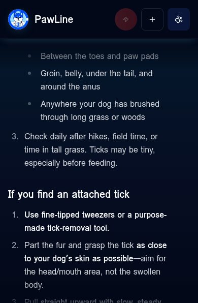 PawLine app chat for a demo pet, a Beagle named Juniper in Vermont, answering a question about checking for ticks in late October